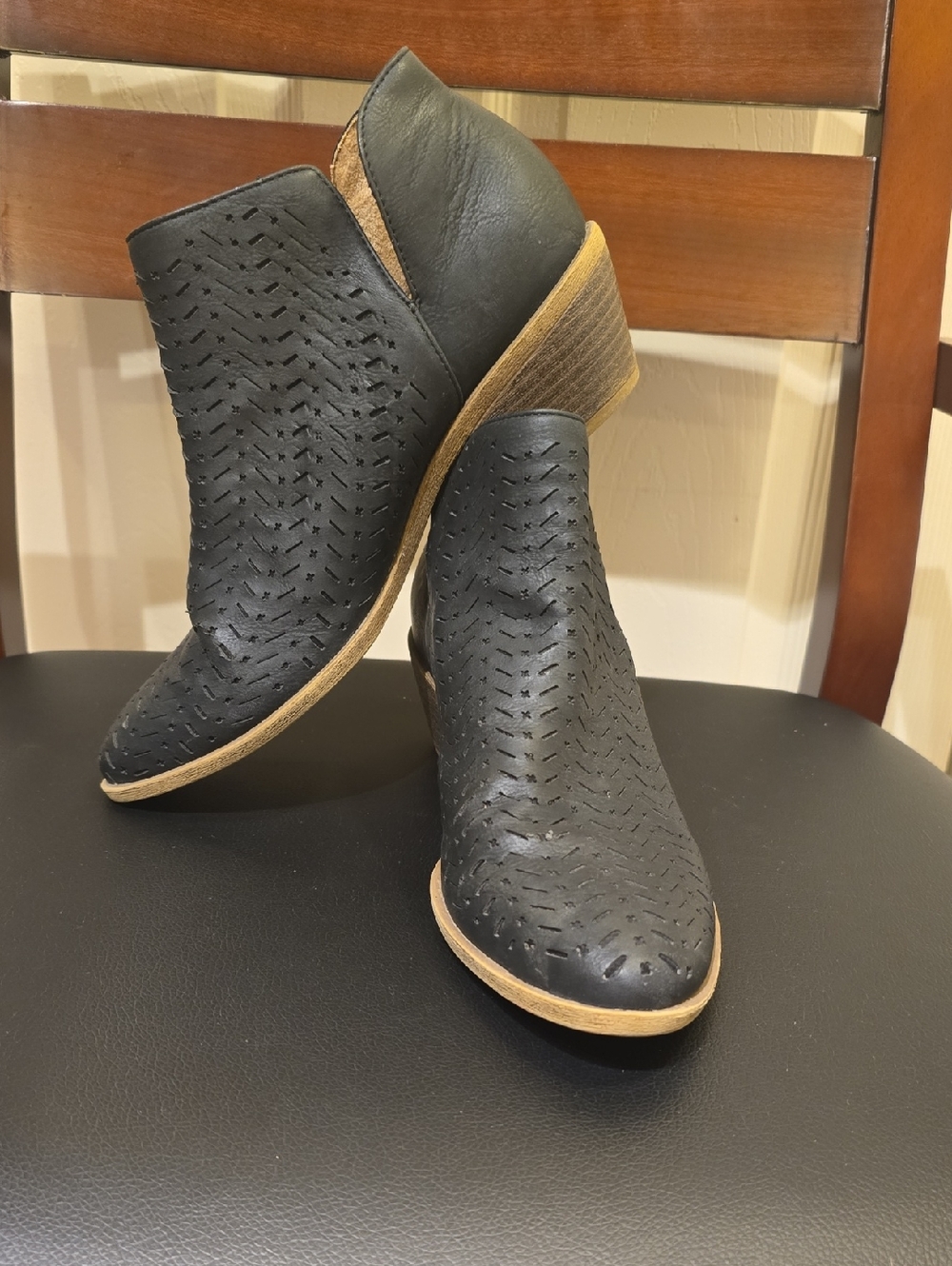 Life Stride Black Perforated Leather Ankle Booties with Tan Stacked Heel